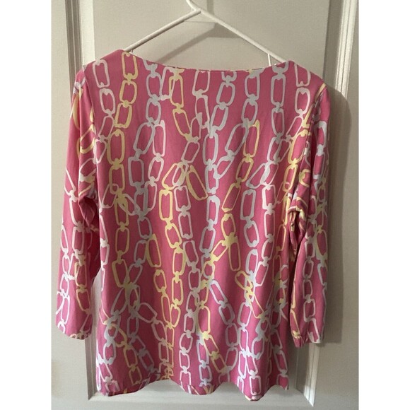J McLaughlin Size Large Pink Chain link Print 3/4 Sleeve Top Nautical Preppy - Picture 3 of 9